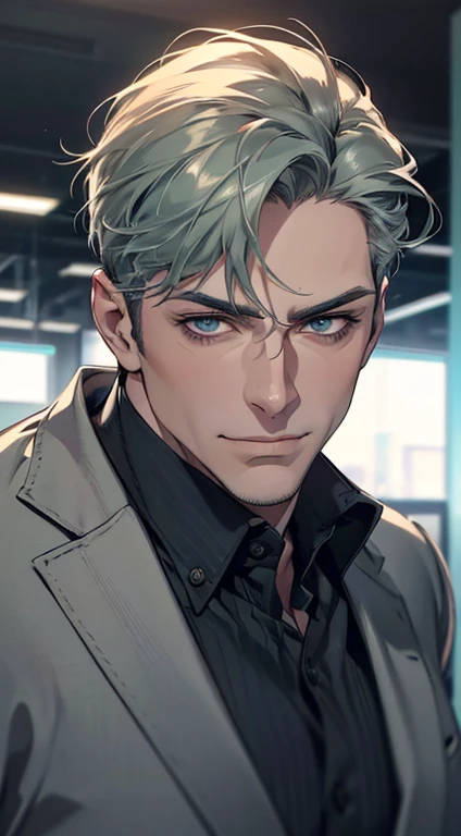 (best quality,4k,8k,highres,masterpiece:1.2),ultra-detailed,(realistic,photorealistic,photo-realistic:1.37),1 man,3,mature man,very handsome,without expression,smile,short grey green hair,blue eyes,penetrating gaze,perfect face without errors,imposing posture,businessman,office background,cinematic lighting,hdr image