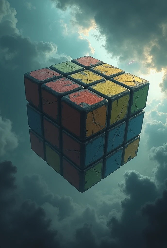 Giant Rubik's Cube in the middle of a stormy sky