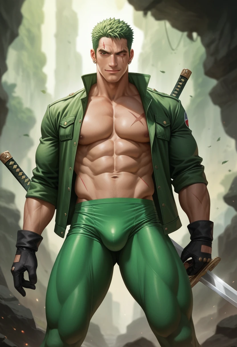solo, looking at viewer, smile, short hair, shirt, gloves, 1boy, jewelry, jacket, weapon, male focus, thighs, earrings, one eye closed, green hair, open clothes, tongue, sword, tongue out, open jacket, bodysuit, covered navel, muscular, feet out of frame, scar, thick thighs, abs, pectorals, muscular male, bara, scar on face, large pectorals, bulge, sideburns, scar across eye, taut clothes, tight, weapon on back, covered abs, roronoa zoro