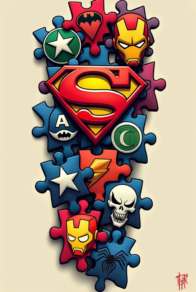 Create a cartoon image, for a forearm tattoo, measuring 10cm wide and 30cm long, with the following characteristics: a puzzle, where each piece is a symbol of a Marvel or DC hero. Place Batman symbols, Spider man, captain America, Superman, green lantern, flash, Homem de ferro, Venom, Punisher