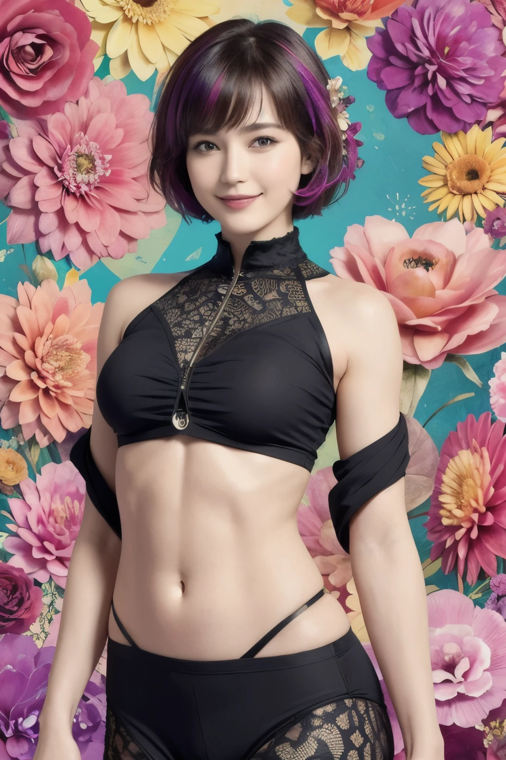274 (20-year-old woman,short hair), (beautiful:1.2), (Fractal Art:1.1), (flower:1.3), whole body, (Abstract background:1.3), (Many colors:1.4), (Old-fashioned smile), (Abdominal muscles), (Wave:1.1)
