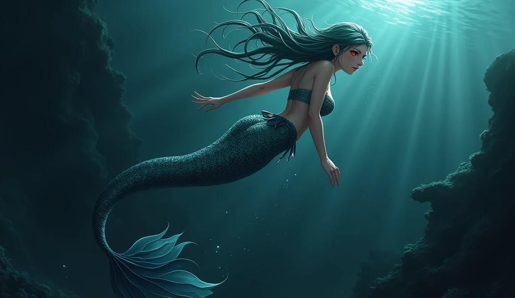 anime female mermaid covered in scales, with red eyes, in the dark ocean