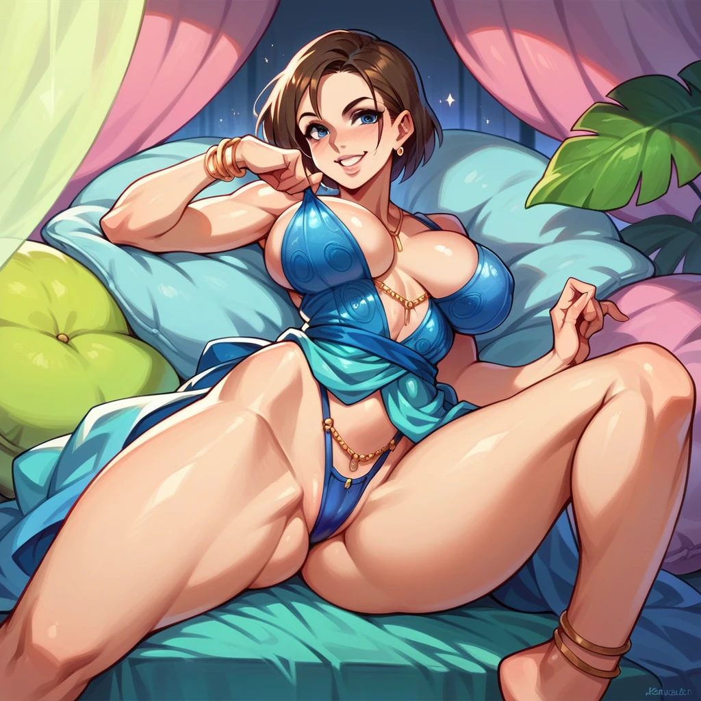 Random point of view jill Valentine in transparent colorful dress large breasts cleavage ultrarealistic ass thong random pose bedroom body jewelry lingerie smile ultra detailled spreading legs