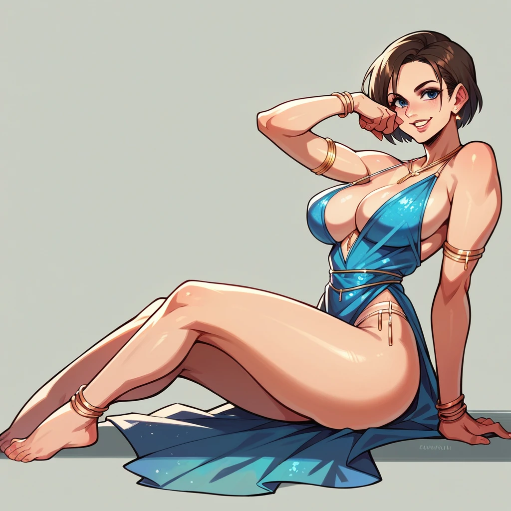 Random point of view jill Valentine in transparent colorful dress large breasts cleavage ultrarealistic ass thong random pose bedroom body jewelry lingerie smile ultra detailled spreading legs 