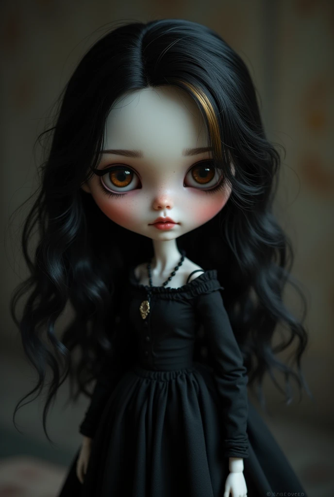 Make me a pale blythe doll, with dark brown wavy hair with blonde highlights, and dark brown eyes with black makeup and eyeliner, and black clothes