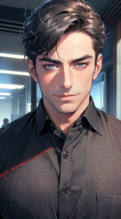 (best quality,4k,8k,highres,masterpiece:1.2),ultra-detailed,(realistic,photorealistic,photo-realistic:1.37),1 man,3,mature man,very handsome,without expression,smile,short grey black hair,blue eyes,penetrating gaze,perfect face without errors,imposing posture,businessman,office background,cinematic lighting,hdr image