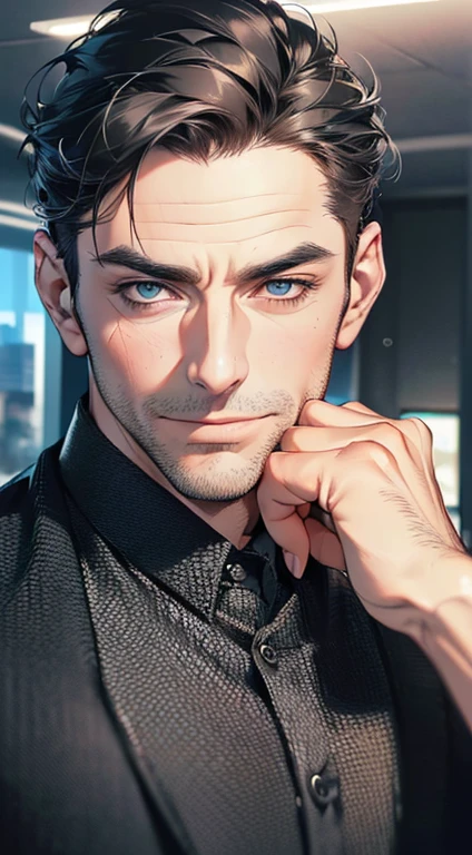 (best quality,4k,8k,highres,masterpiece:1.2),ultra-detailed,(realistic,photorealistic,photo-realistic:1.37),1 man,3,mature man,very handsome,without expression,smile,short grey black hair,blue eyes,penetrating gaze,perfect face without errors,imposing posture,businessman,office background,cinematic lighting,hdr image