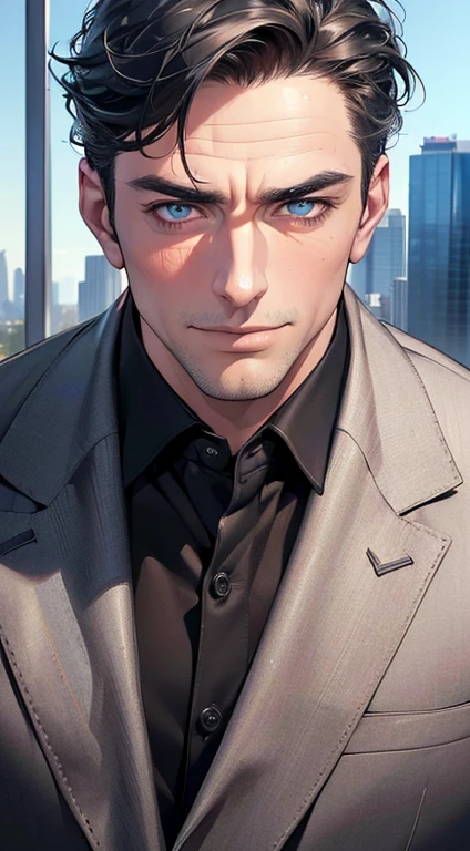 (best quality,4k,8k,highres,masterpiece:1.2),ultra-detailed,(realistic,photorealistic,photo-realistic:1.37),1 man,3,mature man,very handsome,without expression,smile,short grey black hair,blue eyes,penetrating gaze,perfect face without errors,imposing posture,businessman,office background,cinematic lighting,hdr image