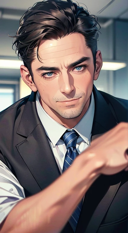 (best quality,4k,8k,highres,masterpiece:1.2),ultra-detailed,(realistic,photorealistic,photo-realistic:1.37),1 man,3,mature man,very handsome,without expression,smile,short grey black hair,blue eyes,penetrating gaze,perfect face without errors,imposing posture,businessman,office background,cinematic lighting,hdr image