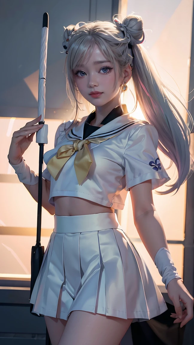 photorealistic, (hyperrealistic:1.2), (extremely detailed CG unity 8k wallpaper), (ultra-detailed), masterpiece, best quality, 1girl, sailor cosmos, standing, fullbody,  solo, long hair, skirt, hair ornament, twintails, jewelry, purple eyes, white hair, pleated skirt, earrings, choker, sailor collar, hair bun, cape, character name, double bun, facial mark, white skirt, brooch, white sailor collar, hairpin, forehead mark, white choker, sailor senshi uniform, holding staff