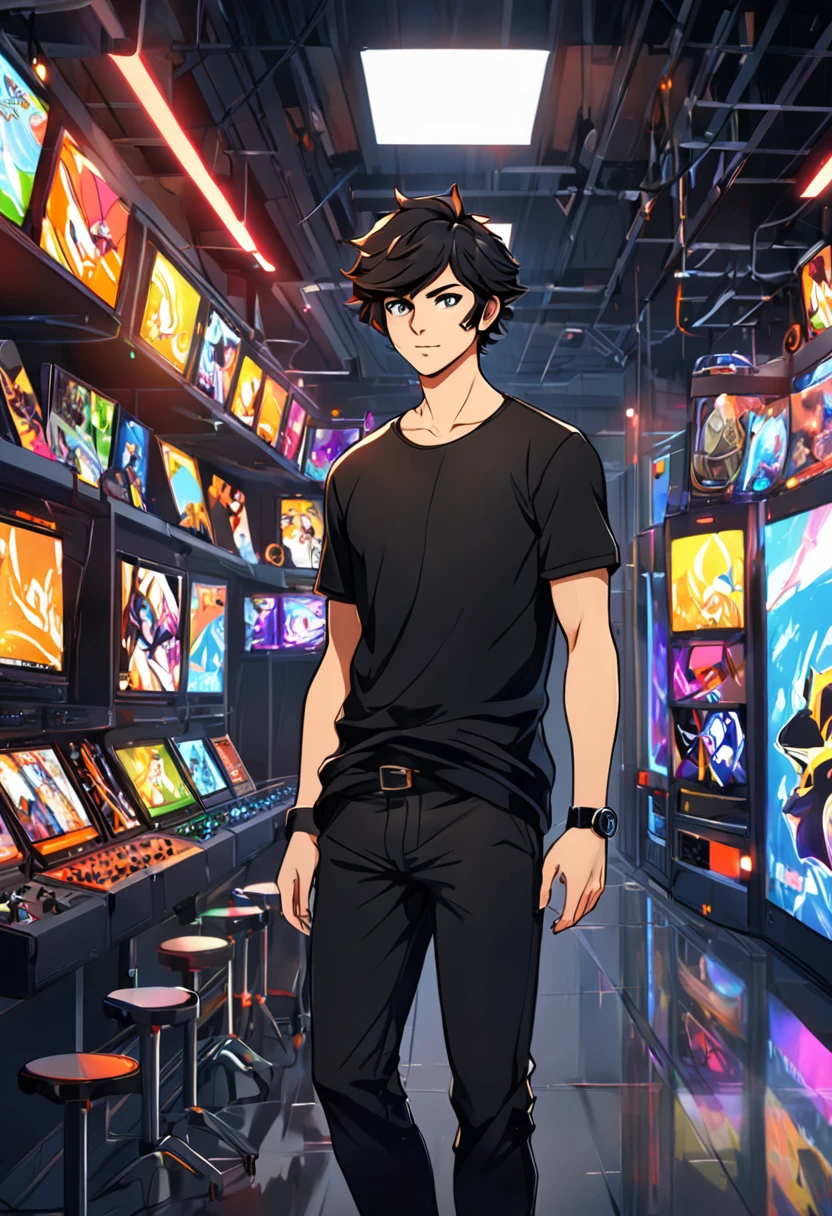 Appearance:
He is looking forward and standing.
Physicist: A character with a confident posture and a strong body, reflecting your own physical appearance.
badass clothing: Dressed in a basic black lusa, .
body hair: a short hair, stylized in a practical way, but modern, Reflecting your laid-back attitude. The hair could be black or dark in color, like yours, maintaining an elegant look.
Personalidade:

Passionate about Games: Like you, the character is deeply interested in games, always looking for new challenges and adventures in virtual worlds.
creative: He is creative, always thinking of new ideas for your gaming channel, bringing a unique and engaging approach to your videos.
shy, but confident: The character is reserved and shy in some situations., but when it comes to your passions, he shows unshakable confidence.