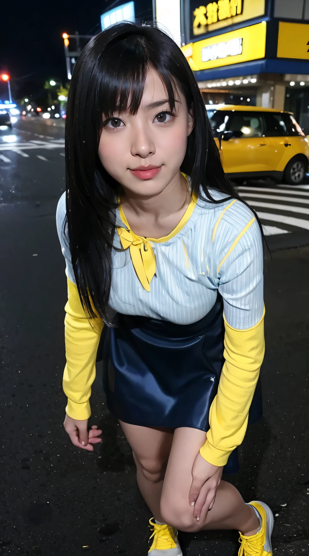 Familiar,Sharp lines,Highest quality, masterpiece、Night Parking、Dark Light、Canon Photo Crystal Clear ,(Realistically:1.2), (A mini skirt dress with blue and yellow stripes)、Action pose、Take a full body photo、Lazy Smile、Attractive person、Semi-long hair