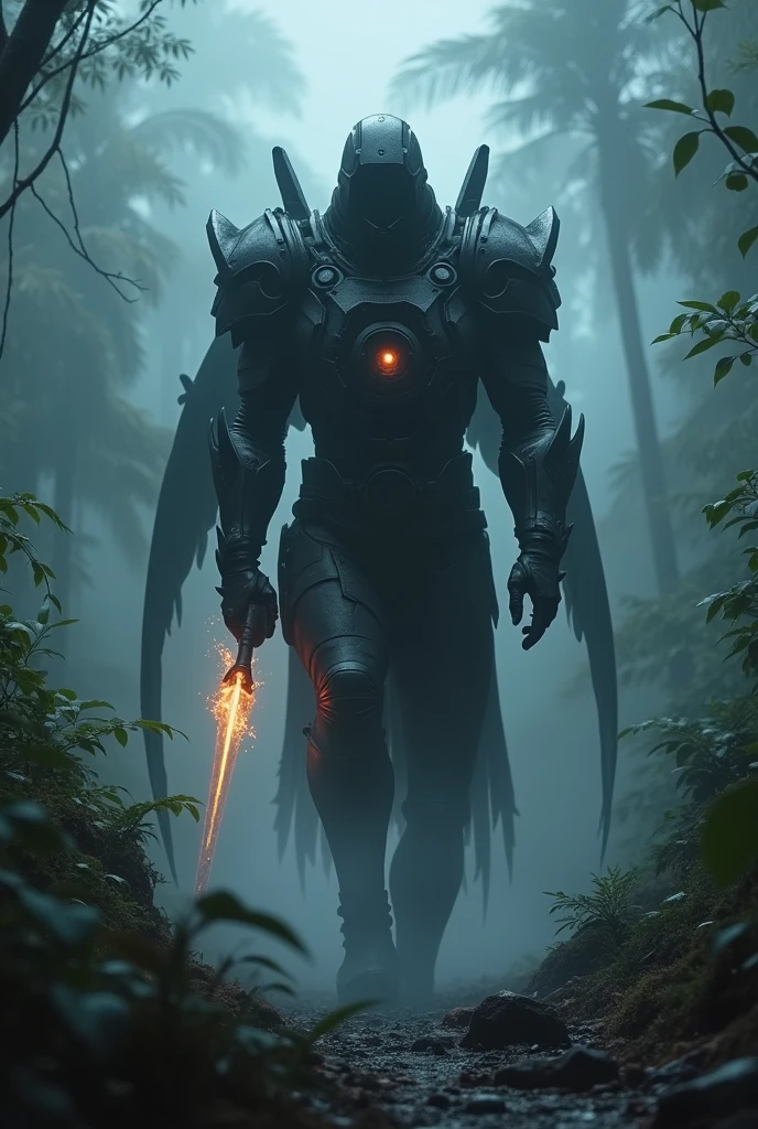 Fog on the jungle, night ,Jaeger ,black head, flame sword, cyclops eye, cyberpunk, armour dark,have iron wing,have jet-pack engine