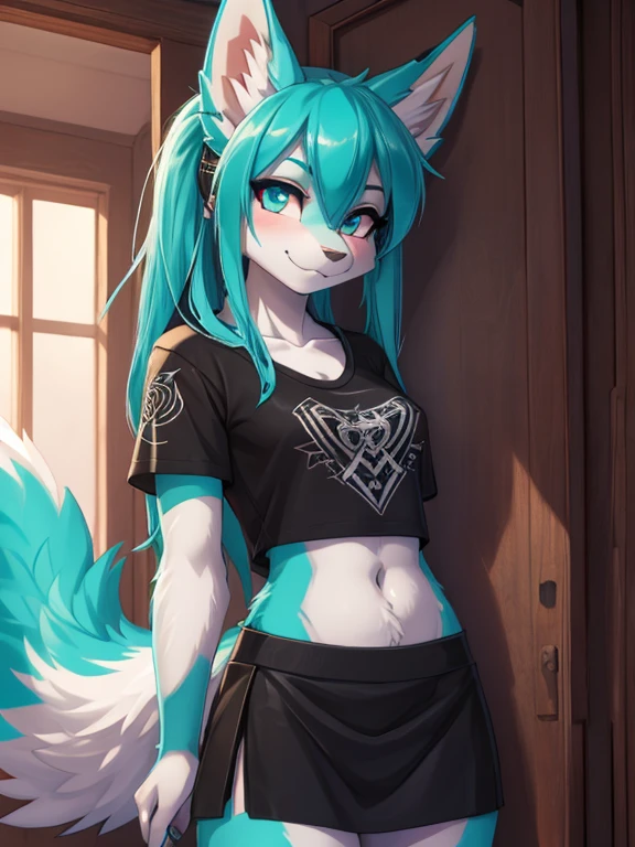 Miku Hatsune, high definition add_detail:1, blue fur,kitsune ears, tribal tattoo add_detail:1 cute high school clothes, Pretty girl, 18 year old girl, short black lycra, black metal t shirt, flirty look add_detail:3