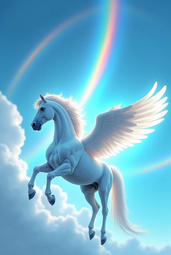 Pegasus WITH BLUE BACKGROUND IN THE SKY AND MANY RAINBOWS