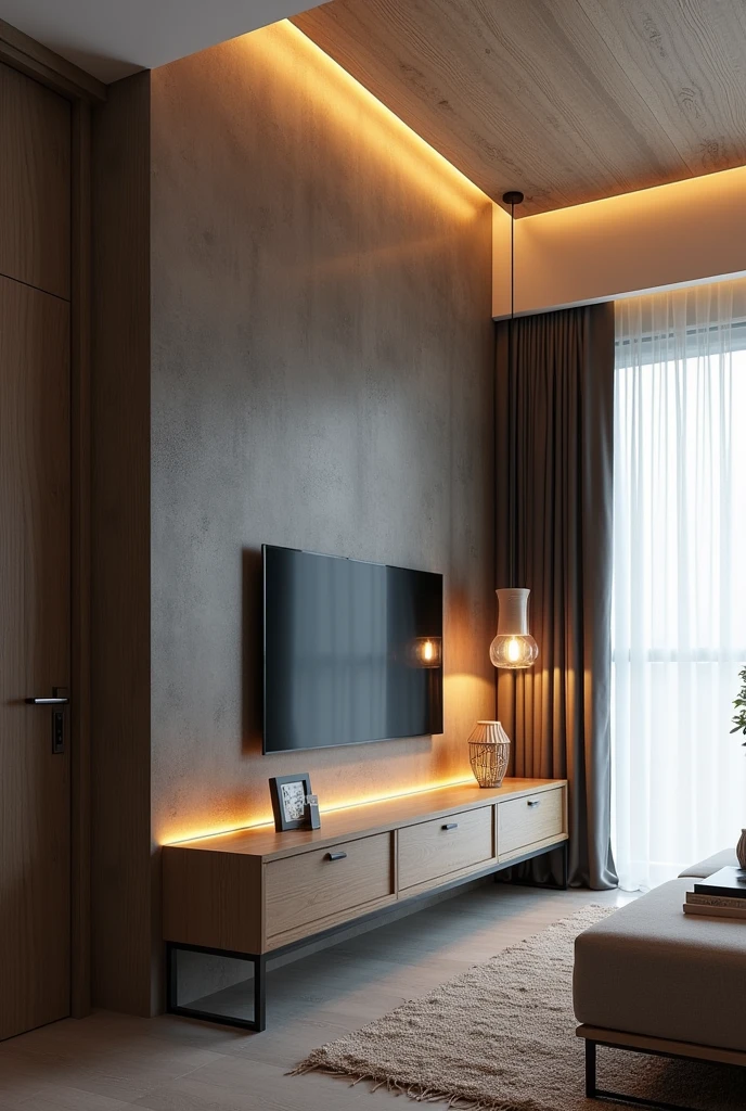 A modern and cozy living room with a gray floor and light walls. The wall where the TV is located has a dark burnt cement finish., creating an elegant contrast. The ceiling lining is made of PVC with a woody appearance, adding a touch of warmth to the environment. In the right corner of the room, there is a pendant light with two warm white light bulbs, that gently illuminates the space. The right wall is covered by a white curtain that stretches from end to end., giving a feeling of spaciousness. Below the TV, there is a vintage piece of furniture that houses some carefully selected decorative objects. To finish, a natural fabric rug covers part of the floor, on which is a coffee table made of natural wood, complementing the cozy and elegant look of the room. No LED lighting