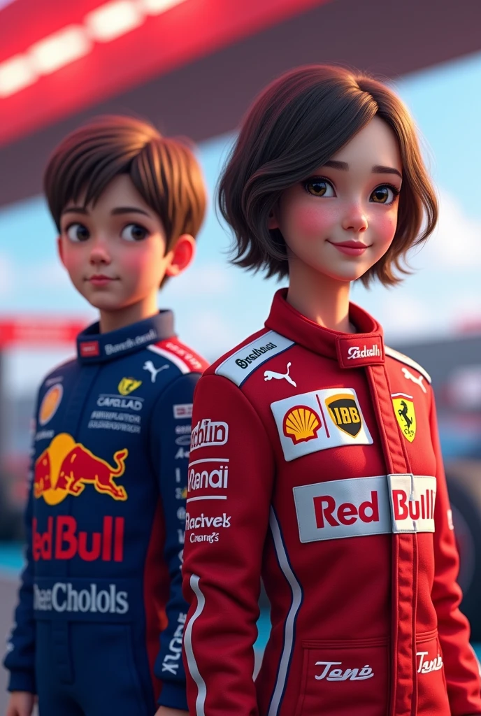 Short layered brown hair girl in Ferrari uniform and brown hair boy in blue Redbull uniform