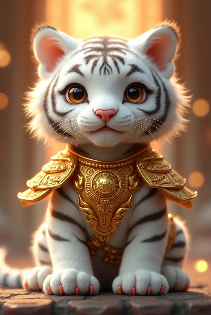 Mini cute version of white Tiger chinese divine beast,face detailed,palm detailed, nail detailed,use golden majestic armour on body,24K ultra hd, masterpiece, better quality,