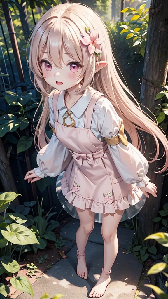 "Anime style young female character、Full body portrait。A tiny fairy, 15cm tall, with delicate, transparent wings on its back.。long-haired pale pink color,、with large pink eyes。Wearing round glasses。White flower hair ornament。Wearing a pale pink dress、Puff sleeve design and above knee length。Slim figure。Standing barefoot。The background is lush nature、wood々surrounded by leaves。The character is a little shy and tilts his body.、Face-to-face pose。Overall a soft and gentle atmosphere。A fantastic atmosphere with dancing light particles。high quality digital art。"