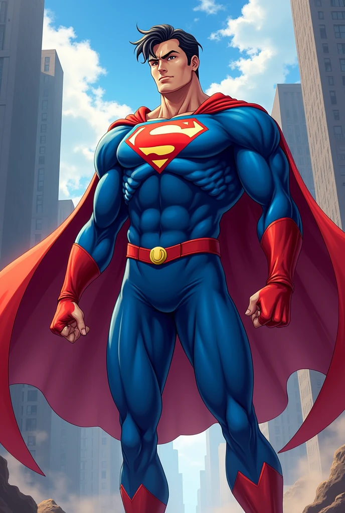 Create for me a hero with a blue and red uniform anime man with a cape put a u on the chest