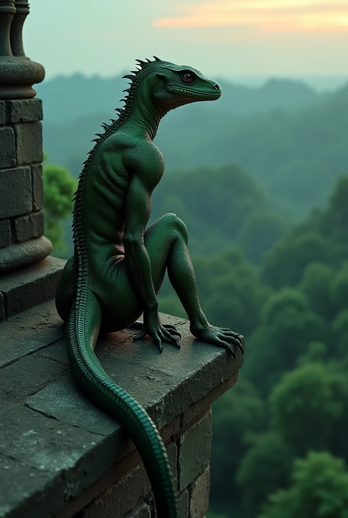 Sensual dark green scaled lizard woman on top of building. She observes a huge forest from afar
