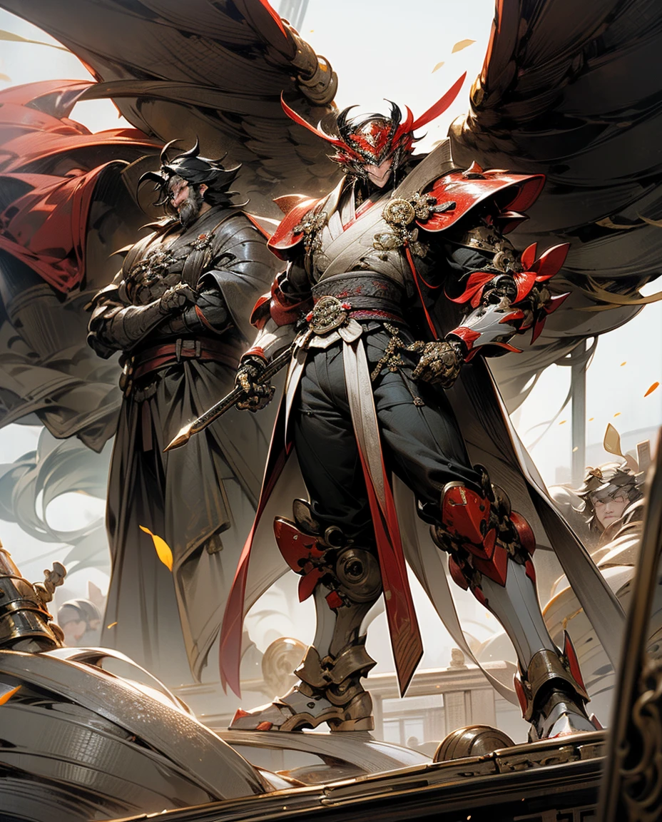 super wide shot, Full body frontal photo,mecha male warrior，The heroic behavior of the color of the Three Kingdoms: Red and dark series.》，（《Romance of the Three Kingdoms》，《I read this》，Holding Fang Tian&#39;s halberd in his hand，），（Full body wick）, genshin impact keqing, (masterpiece) ， The best quality， high quality，gold armor，movie lighting， （Exquisite future）， beautiful and beautiful， ultra detailed， Great composition， floating， depth of field， （Very detailed CG，unity wallpaper 8k）， （Beautiful detail background）， dramatic lights， Gogeta， mecha，The best quality，8K Ultra HD ultraalto，digital slr camera，high quality，Film grain resolution