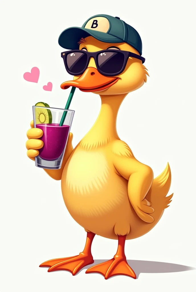 Duck in a cap, sunglasses and a glass of açaí in hand,in 2D drawing style