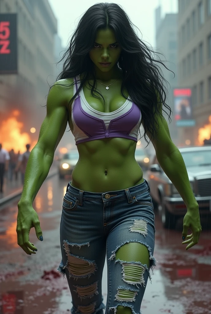 a beautiful woman (((Olive-green complexion all over his body))),(((long black hair))) Jennifer Walters aka She-Hulk in a white sports top with purple in the middle and some (((Bermuda jeans up to their knees ripped))) because of his big muscles on his knees screaming exhausted after an extensive battle in an apocalyptic and rainy city cars and buildings on fire blood around him strong and bloody images (((Olive green complexion all over the body))),(((Fingers of his hands without any deformity)))