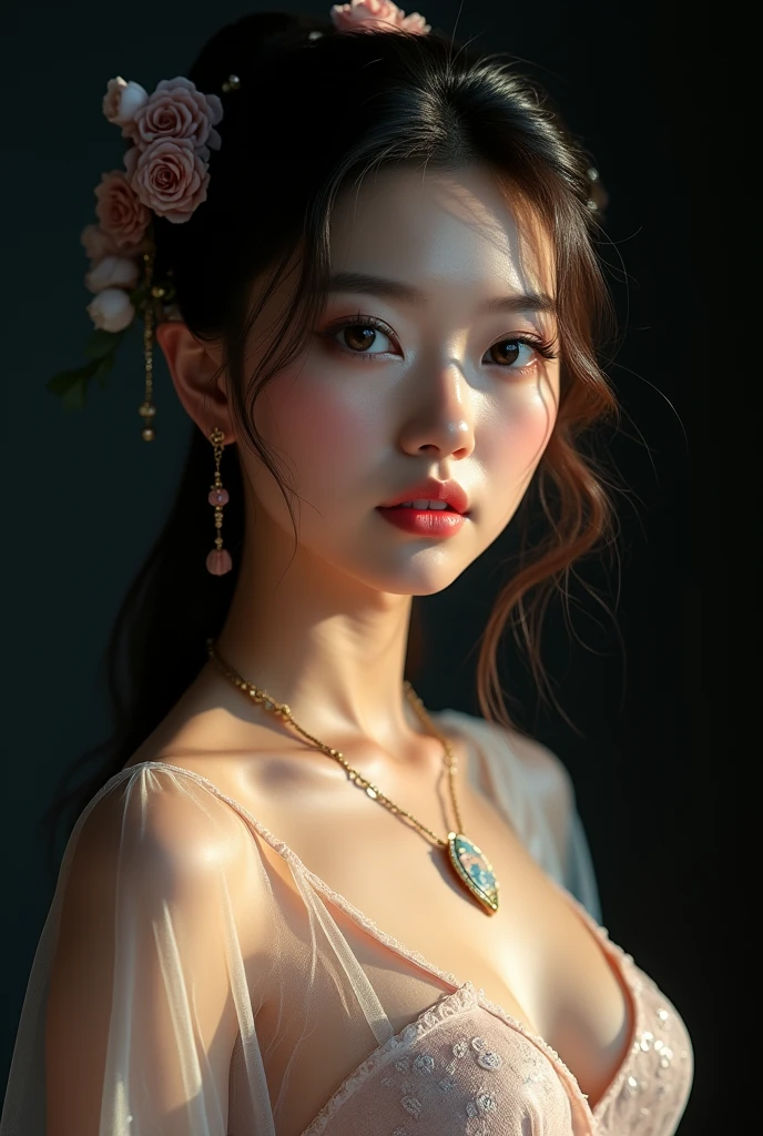 best quality, masterpiece, highres, 1girl, transparent silk china dress, beautiful face, hair ornament, looking at viewer, smile, closed mouth,lips, dress,hair ornament, necklace, jewelry, long hair, earrings, Beautiful face,upon_body, tyndall effect,photorealistic, dark studio, rim lighting, two tone lighting,(high detailed skin:1.2), 8k uhd, dslr, soft lighting, high quality, volumetric lighting, candid, Photograph, high resolution, 4k, 8k, Bokeh