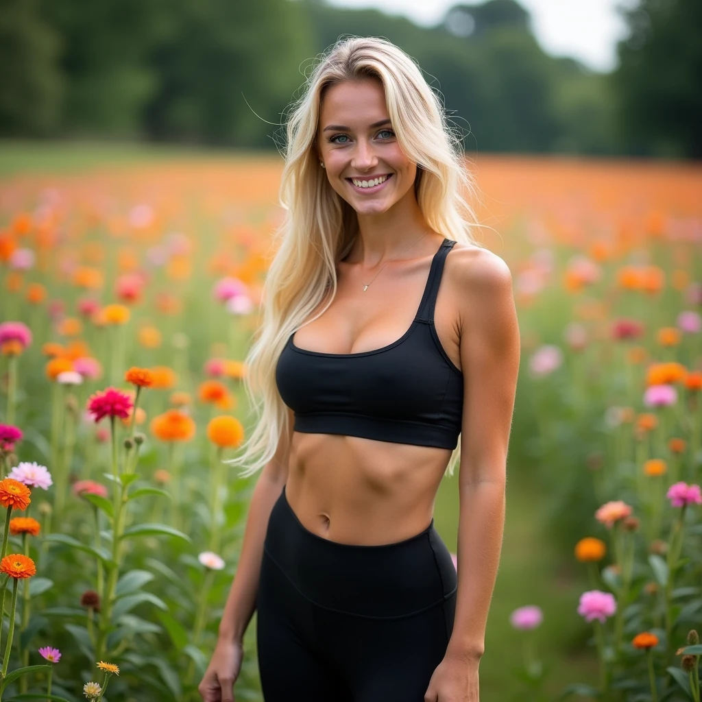 Blonde woman posing for a photo, in black sports bra (large bust size 1.3) and black leggings standing on a flower meadow, beautiful blonde woman, beautiful blonde girl, a beautiful blonde, Sexy girl with long blonde hair, young blonde woman, blonde hair and big blue eyes, cute female model, blonde hair and big blue eyes, smiling, in germany in berlin