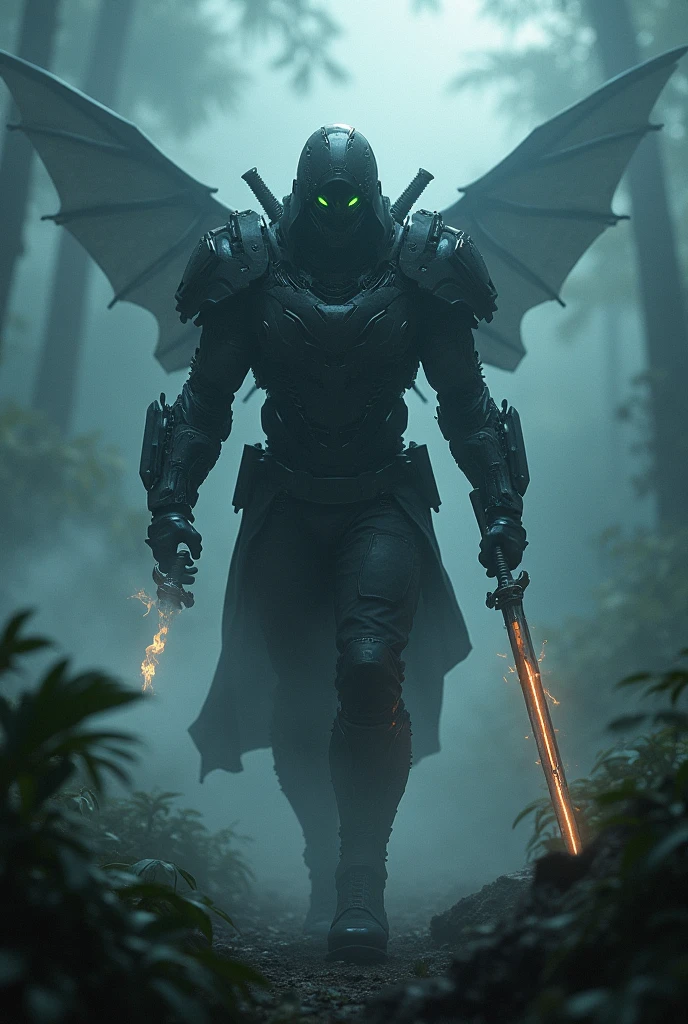 Fog on the jungle, night ,Jaeger ,black head, flame sword, cyclops eye, cyberpunk, armour dark,have iron wing,have jet-pack engine