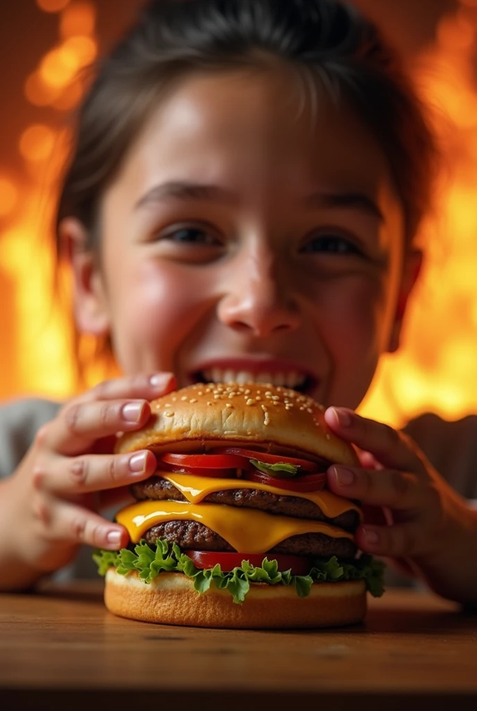 (photorealism:1.2), hamburguer with fire behind and a person eating and the pperson feels so happy for the food