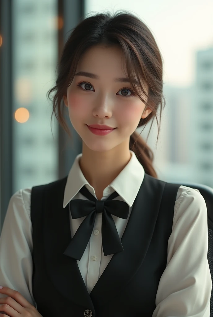 1girl, matured female, vest, bow, photo, realistic, best quality, hires, detailed face, office, buildings from window, detailed background, diffused sunlight, depth of field, bokeh
