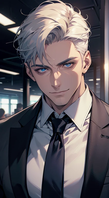 (best quality, masterpiece, 8K, photorealistic, cinematic lighting, hdr image, ultra detailed, beautiful image), 1 man, 3, mature man, very handsome, (without expression, smile), short white hair, blue eyes ( penetrating gaze), perfect face without errors, imposing posture, without errors, businessman, office background