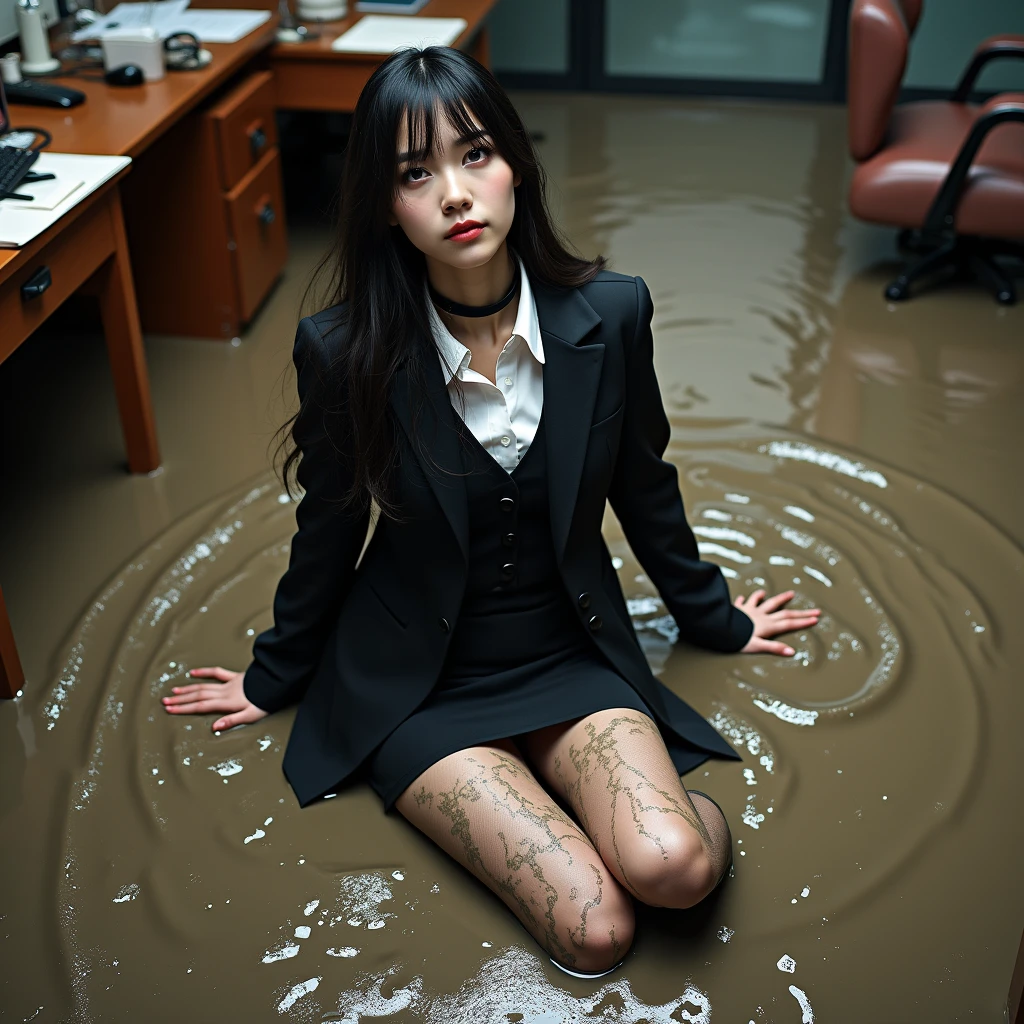 A realistic photo of one slender business goth lady, model-like appearance with long hair. She is dressed in long black business pencil skirt(muddy, dirty,,torn, ripped) made from cotton fabric, black business jacket(muddy, dirty) made from cotton and wool fabric. black business vest, white muddy shirt, stockings, black choker on the neck. She located in very muddy and very flooded big office room. Her face, hair, skirt, jacket are stained and covered in cum, sperm, milk, mud! She crawling on her knees, leaning on her elbow in flirty and modest pose on the floor in cum, sperm, deep dive and swimming in liquid, she smears a lot of liquid mud and cum on her black business pencil skirt, jacket, vest, shirt, stockings, face, hair from head to toe. Her skirt and jacket extremely stained and covered with liquid mud, dirt and streaks from it, which has flows down from her jacket, shirt to her skirt, creating a messy and sloppy appearance. The light brilliantly illuminates all her clothes in details, casting small shadows and emphasizing the texture of the liquid mud on her clothes. View angle of the camera from top and rotated in different angle from the business lady. 