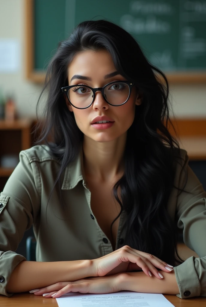 attractive teacher, very sexy surprised behind the desk with glasses real person long black hair perverted flirt