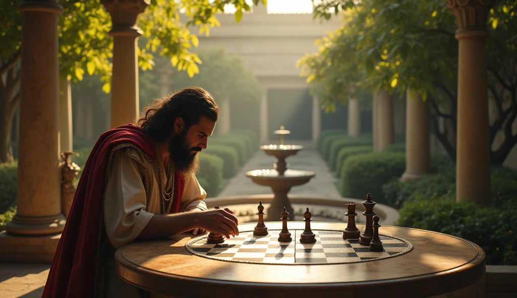 Create a hyper-realistic and mysterious image of Solomon on an outdoor strategy table, located in a palace garden. On the table are different chess pieces, each representing a type of investment, as agriculture, trade, and culture. Solomon is moving one of the pieces, symbolizing strategic decision-making in diversification. The surrounding garden should be lit by a soft golden light., with leafy trees and water fountains, creating an atmosphere of tranquility and focus. The scene should suggest that diversification and strategic planning are essential to address financial challenges and ensure a secure future..