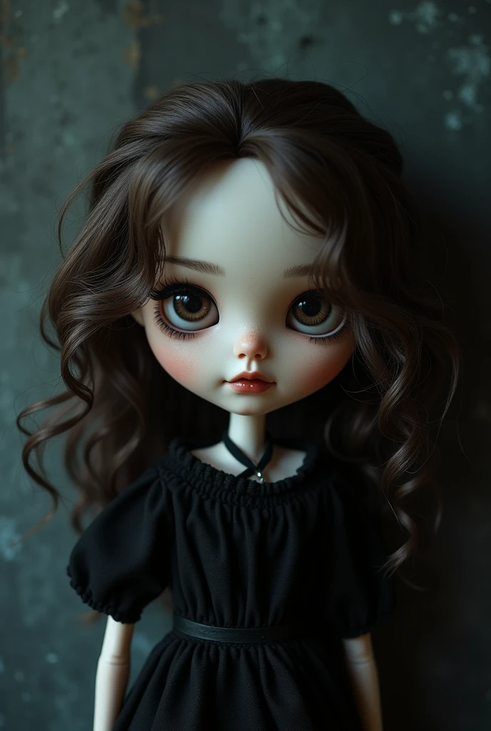 Make me a pale blythe doll, with dark brown wavy hair with several blonde strands, and dark brown eyes with black makeup and eyeliner, and black clothes