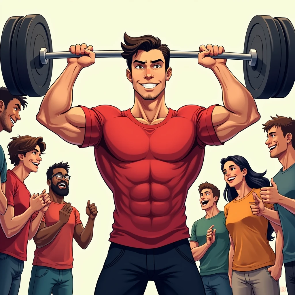 manga art style, best quality, masterpiece, handsome young man wearing red tshirt and black shorts, lifting a barbell, few friends of different races cheering, perfect fingers, perfect hands, perfect face, perfection, no background