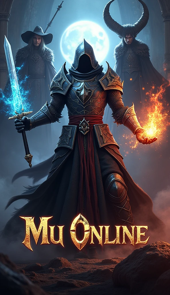 Design a promotional flyer inspired by the MMORPG Mu Online. The flyer must have a medieval-fantasy style, with a dark background and bright elements that highlight the action and magic of the game. Includes images of iconic characters, like a Dark Knight in heavy armor and a Dark Wizard casting spells. The text should highlight the name &#39;Mu Online&#39; in an attractive gothic font, along with phrases like &#39;Join the battle&#39; and &#39;Explore magical worlds&#39;. Make sure the design is eye-catching and conveys the epic and mystical essence of the game, with well-integrated details and a visual balance that captures the attention of players