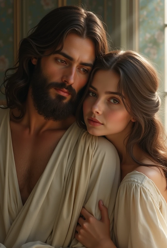 Woman with glasses, full mouth, brown eyes and hair, medium hair lying on Jesus' shoulders