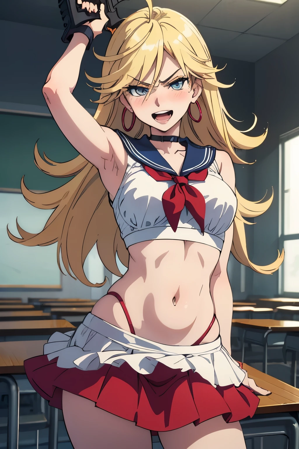  psgpanty, , hoop earrings, choker, blue eyes, blush, lipstick, long hair, Hot girl, baddie, staring, glaring, bad attitude, mean girl, crazy, smoking, masterpiece, best quality, highly detailed, a anime girls in sailor uniforms with a gun posing for a picture,
evil smile, smile, open mouth,black_serafuku, ecchi anime style, anime girls ,
ecchi style, ecchi, shipgirls, digital anime art!!, high school girls, holding a gun, hold a gun, anime style 4
k, micro skirt, exposed belly, exposed navel, exposed midriff, holding pistol,underboob,
exposed lower belly,school, classroom, 