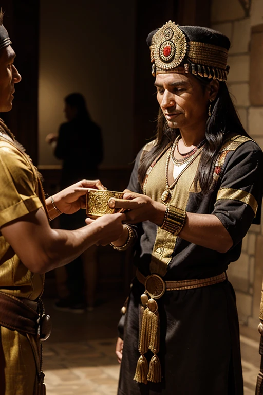 Some Incas are shown exchanging gold for European objects, while others watch in fear.