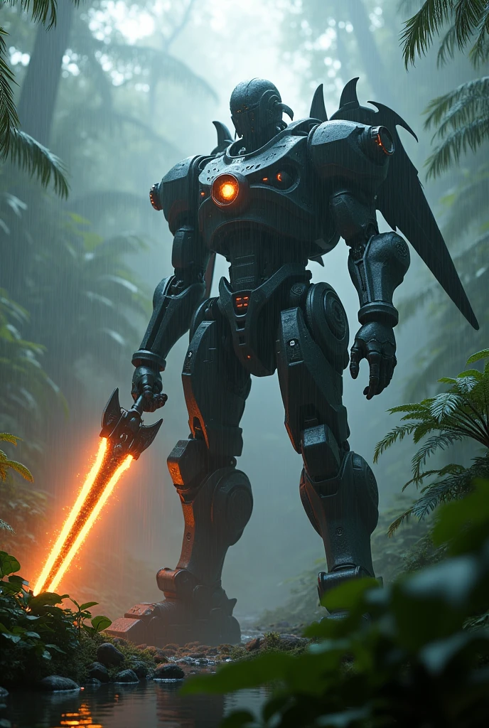 Fog on the jungle, rain ,large robotic ,black head, flame sword, cyclops eye, cyberpunk, armour dark,have iron wing,have jet-pack engine