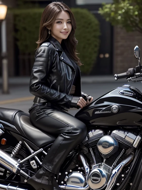 (Realistic:1.5), 8k, Super delicate beauty, 1 person, Intricate body details, (short: 1.3), (Highest quality: 1.0), (Super sharp cutting edge: 1.0),(Beautiful and delicate depiction of eyes),((((Ride a motorcycle)))),Unreal Engine:1.4, photoRealistic:1.4, Skin Texture:1.4, masterpiece:1.8,Highest quality、smile、Long limbs、((Black leather jacket and trousers))、thin