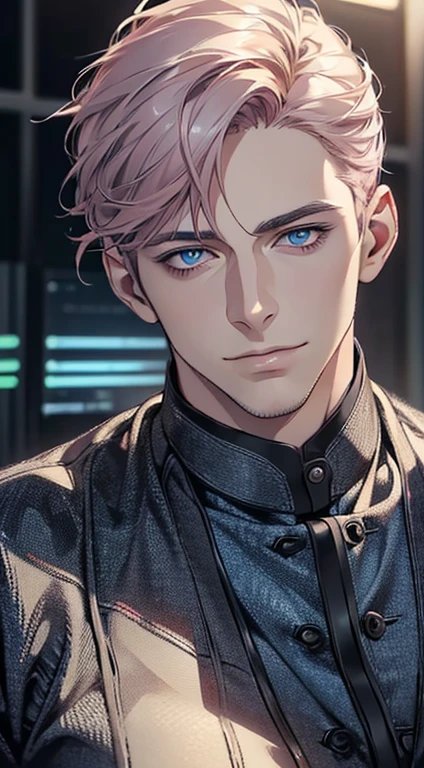 (best quality,4k,8k,highres,masterpiece:1.2),ultra-detailed,(realistic,photorealistic,photo-realistic:1.37),1 man,3,mature man,very handsome,without expression,smile,short grey pink hair,blue eyes,penetrating gaze,perfect face without errors,imposing posture,businessman,office background,cinematic lighting,hdr image