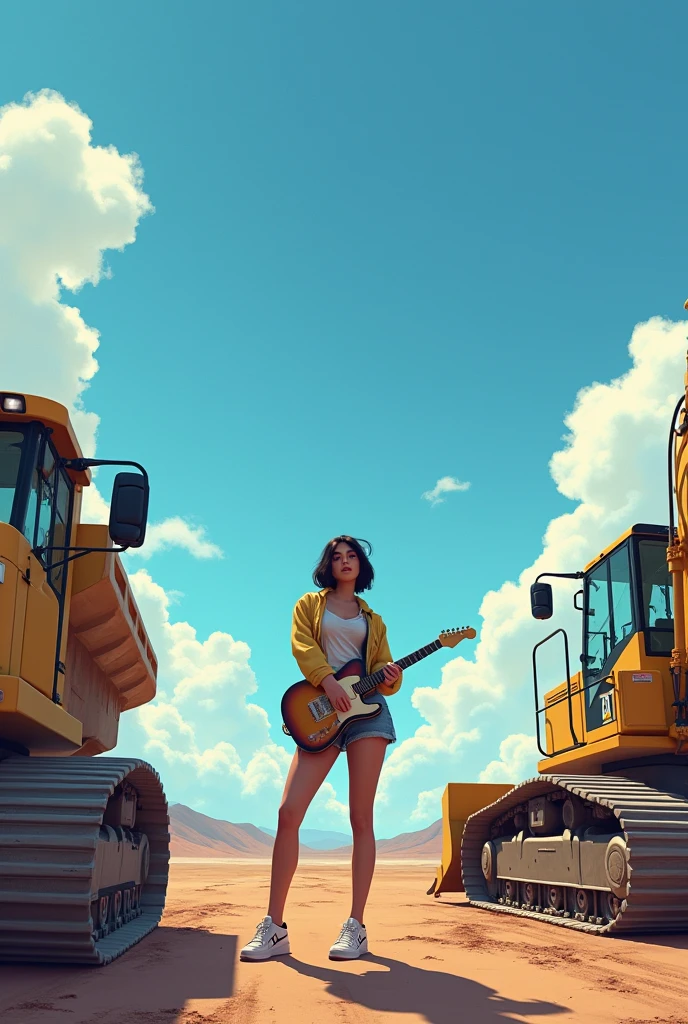 Adriel Lyrics, between sports cars, background 10 am, sunny,right side a caterpillar excavator, left side a caterpillar dump truck, clear sky