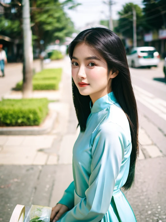 A Vietnamese girl wearing ao dai, slim figure, long black hair, dove eyes, coconut nose