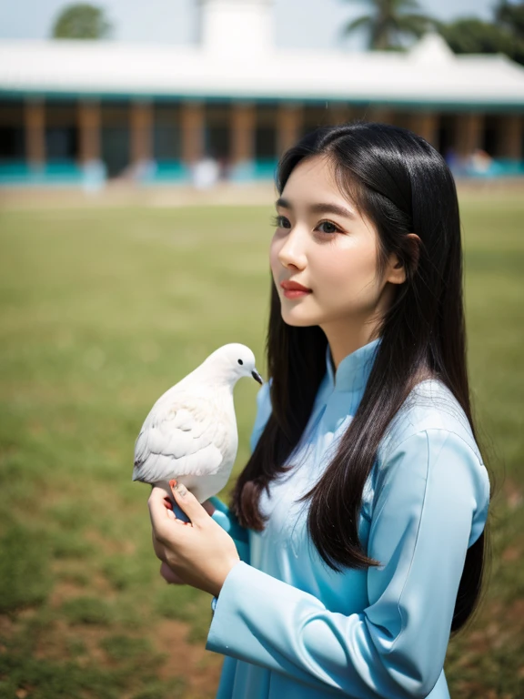 A Vietnamese girl wearing ao dai, slim figure, long black hair, dove eyes, coconut nose