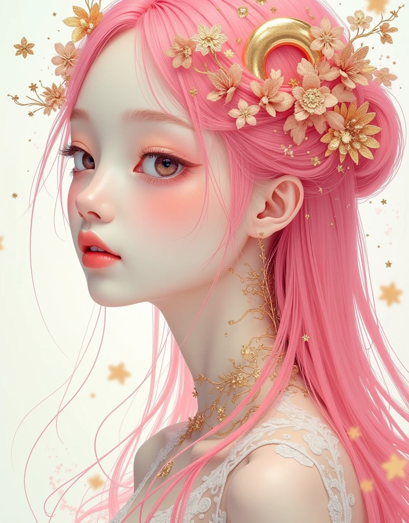 (White background:1.4),(Girl&#39;s head silhouette, Eyes closed, Long colored hair, Oriental elements)，(Chinese illustration:1.3，Paper Art:1.3, キルティングPaper Art:1.2),( Streamlined Design, Clear lines, High sharpness,Better Quality, Very detailed, Master Parts, Film Light Effect, 4K ) Illustration design, porcelain doll skin, beautiful detailed eyes, beautiful detailed lips, extremely detailed gold eyes and face, long eyelashes, upper body, from side, looking at viewer, (fractal art:1.3), (pink hair:1.2), water, liquid, cloud, colorful, starry, stars, (best quality, 4k, 8k, highres, masterpiece:1.2), ultra-detailed, (realistic, photorealistic, photo-realistic:1.37), vibrant colors, studio lighting, extremely detailed description, professional, concept art, surreal, 1920s french vibe, monochromatic gold and pink palette, in the style of french illustrator moebius, gold elements,